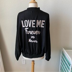 CASTING LA Black Bomber Jacket “Love Me Forever or Never” size Large